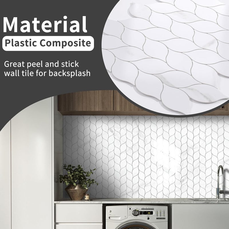 Tilingview 10-Sheet Peel and Stick Backsplash Tile for Kitchen, Self-Adhesive Mosaic Glossy Leaf Stick on Wall Tile with Gaps (Calacatta White) - Image 5